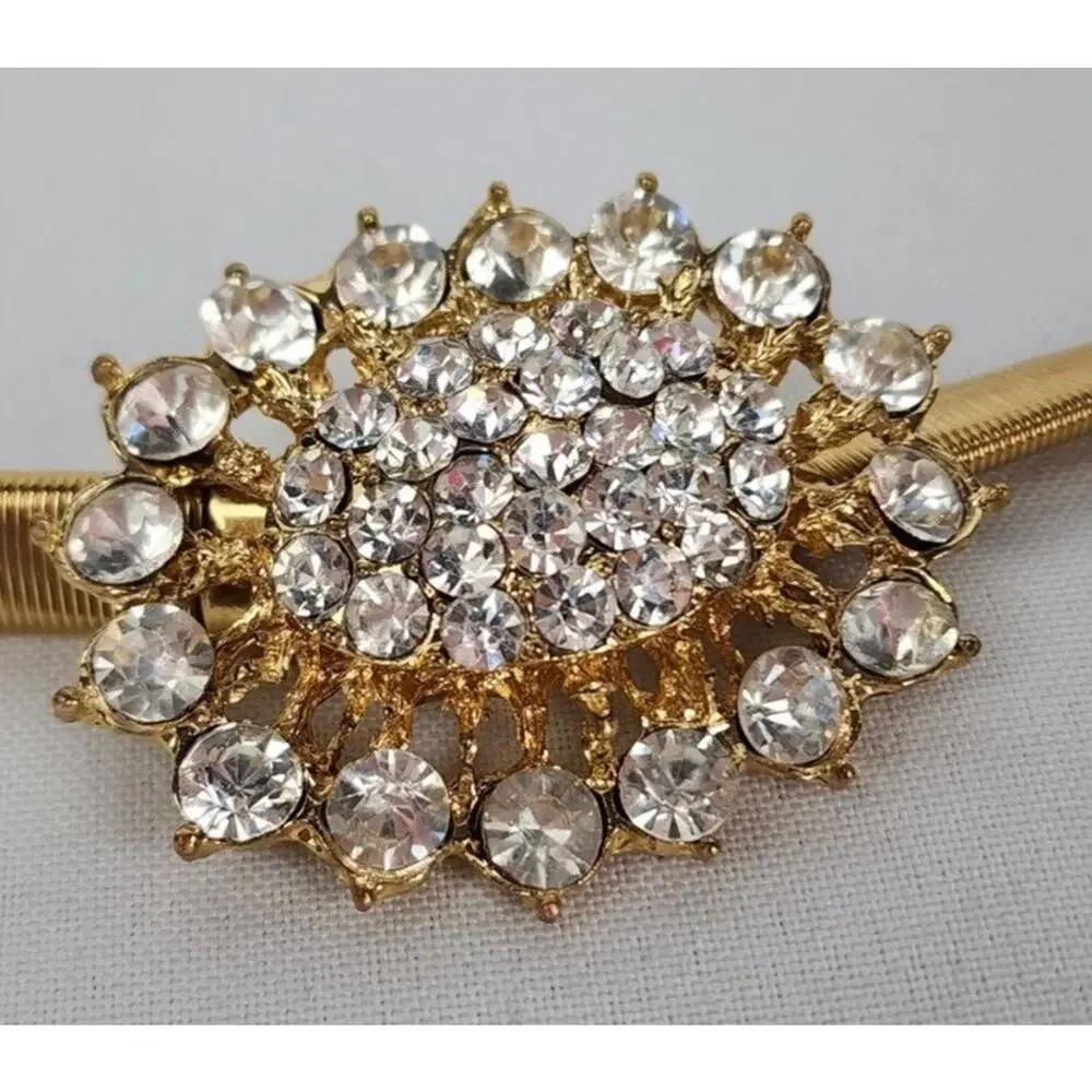 Vintage 80s Goldtone Skinny Rhinestone Stretchy Gold Tone Flex Belt